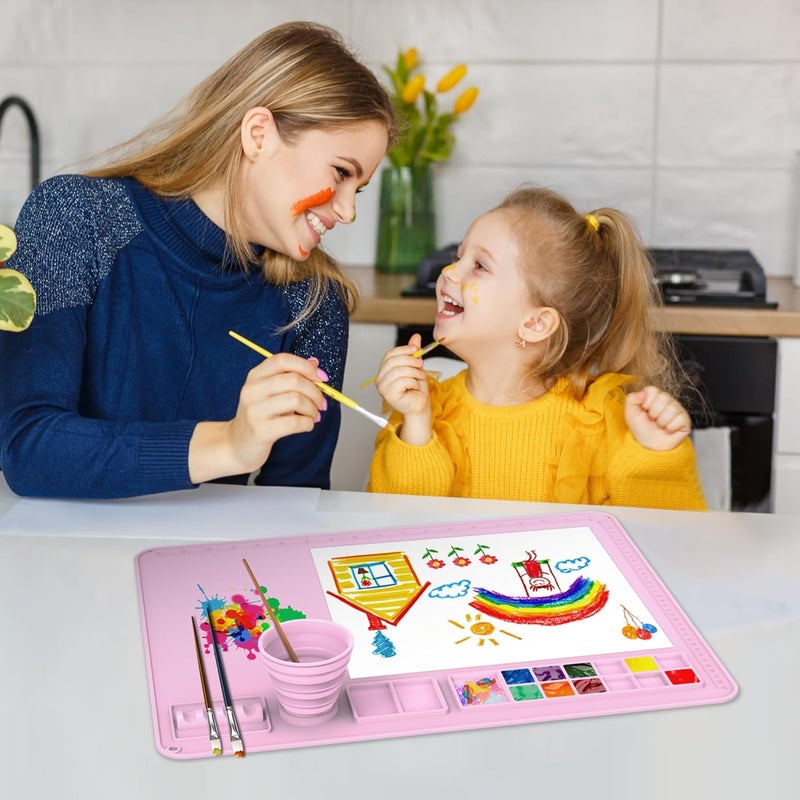 IYYI Silicone Painting Mat, Paint Mat with Cup and Palette, 20"X16" Siliocne Pad for Crafts, Resin, Clay, Kids Art Pad with Raised Edge (Pink) - Image 2